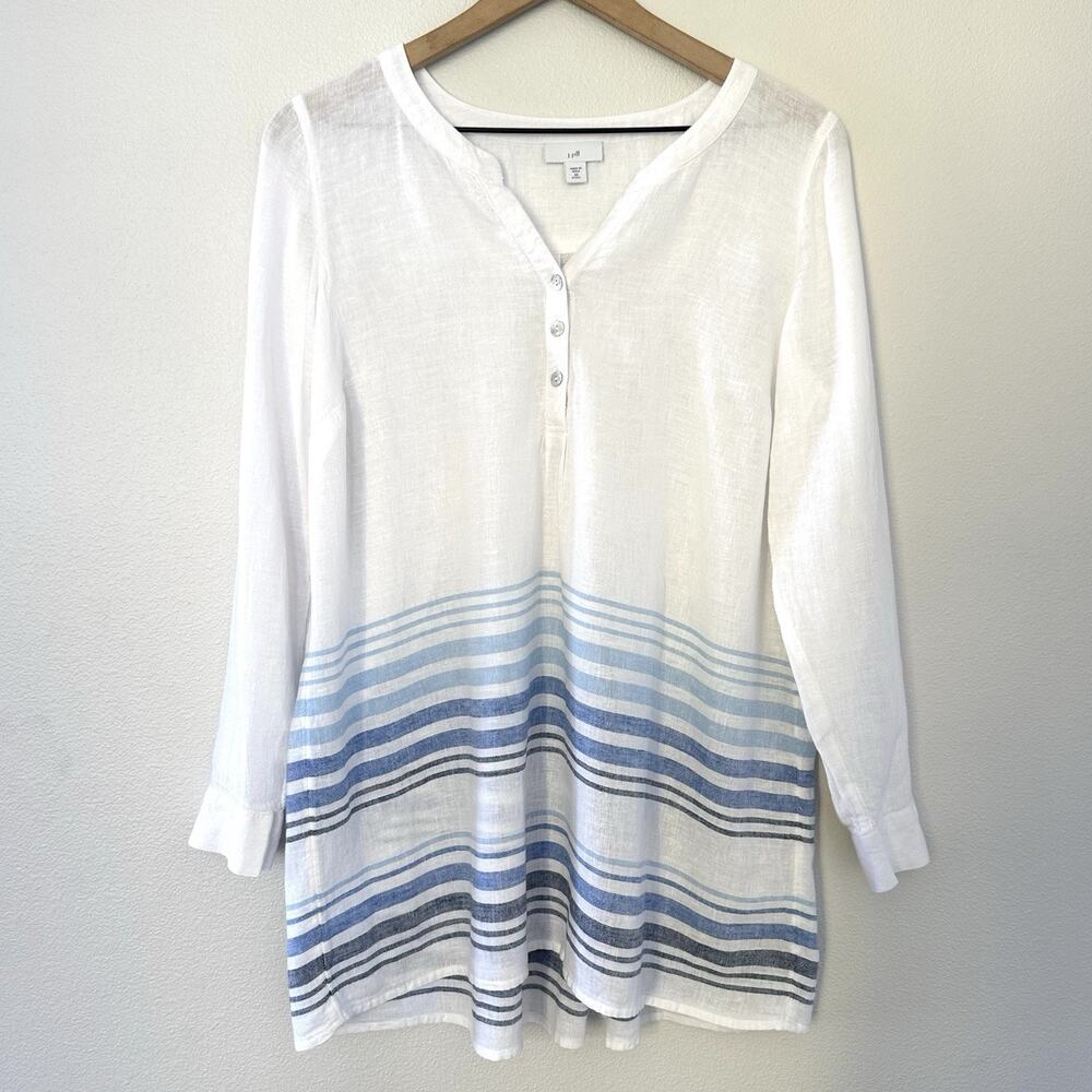 J. Jill Linen Blend Tunic Relaxed White Sz Petite XS Stripe Coastal Fairy Boho